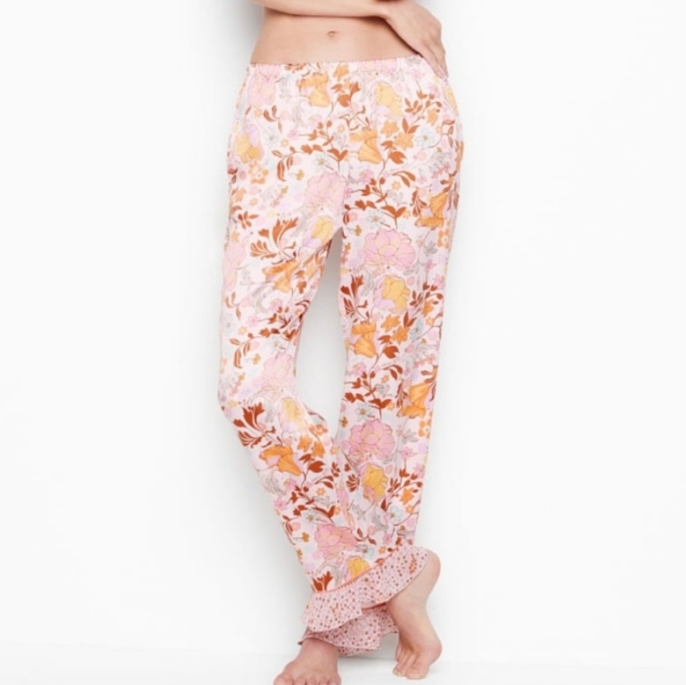 NEW Victoria's Secret Pink Floral Script Satin Pajama Pants Womens Size Large